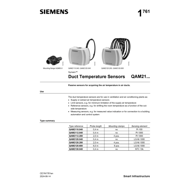 Siemens QAM2120.040 Duct Temperature Sensor with Plastic Material and Universal Motor Type for Industrial Automation