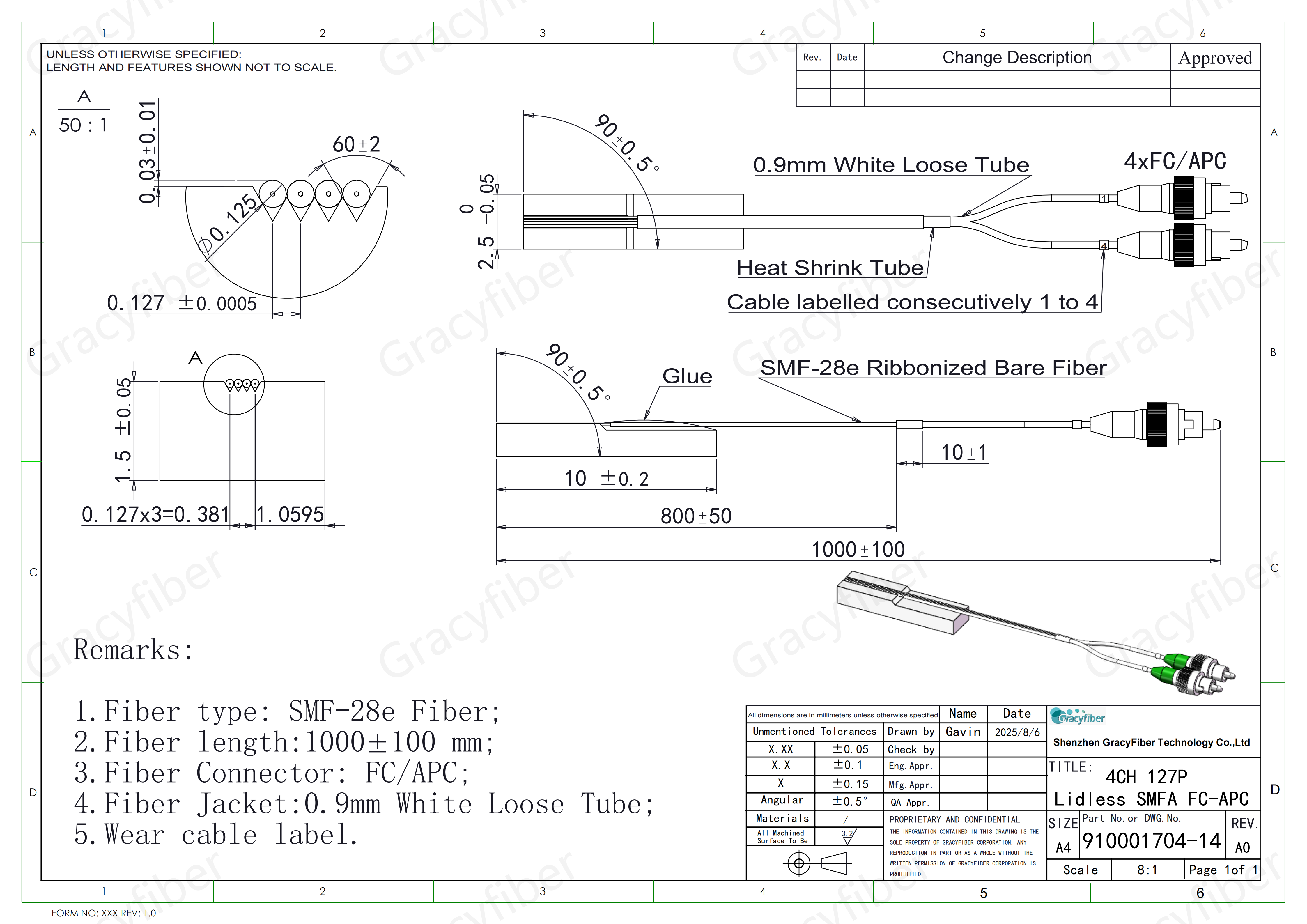 4CH Fiber Array Assemblies | Custom 4-Channel Single Mode Fiber Arrays