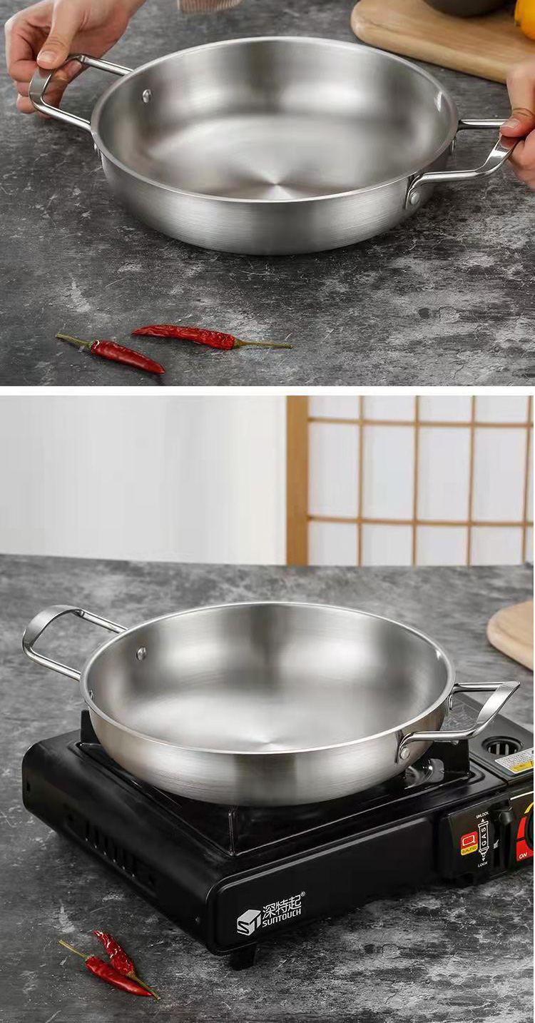 High Quality Silver Stainless Steel Cooker Flat Bottom Cooking Fry Pot Mini Seafood Pot Paella Pans