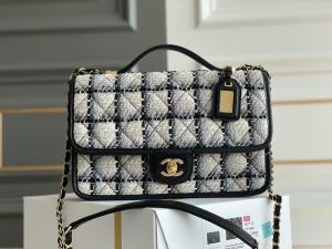 China Classic 2WAY Chanel Medium Flap Bag Messenger Black White Plaid Wool on sale