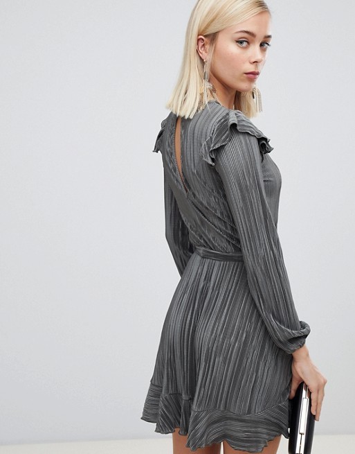 factory clothing manufacturer custom long sleeve frill belted plisse dress for woman