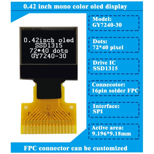 Micro OLED Display 0.42 Inch 72x40 Dot Matrix with I2C/SPI Interface for Arduino and Smart Devices