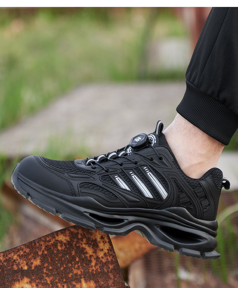 Kevlar Mid Sole Anti-stab Steel Toe Anti-smash BOA Rotating Button KPU Flying Knit Work Shoes In Black