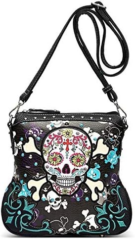SUGAR SKULL DAY OF THE DEAD CROSS BONE ROCK METALLIC PURSE SKELETON LEATHER PURSE WOMEN CROSSBODY HANDBAG SHOULDER BAG
