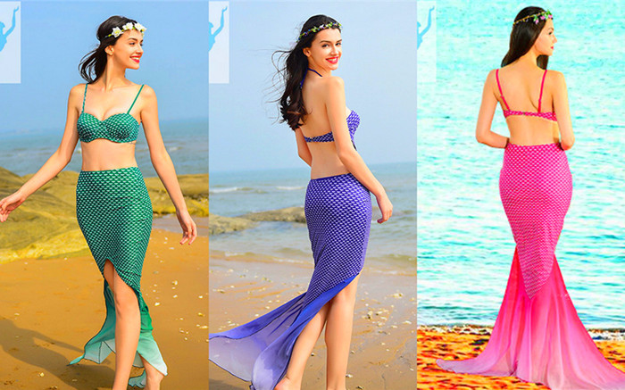 3PCS Purple Mermaid Tail For Swimming , Girls Mermaid Tail Swimsuit
