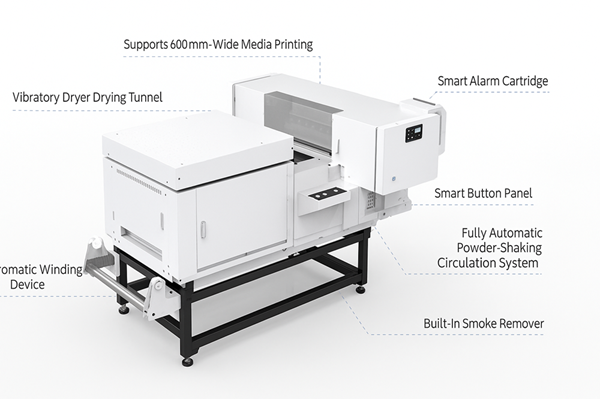 600mm 60cm Wide Fully Automatic DTF Printer With Integrated Powder Shaking, Drying & Curing System | Smart Control, Auto Winding, Built-in Smoke