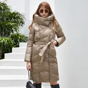 China                  Winter Long Thick Padded Coat Women Printed Fabric Coat Fashion Casual Belted Jacket              on sale