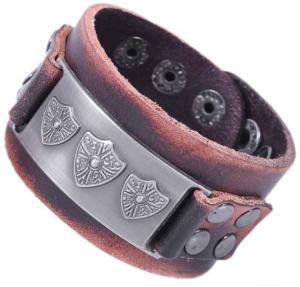 China Shield charm leather cuff with dots studs, men leather bracelets on sale