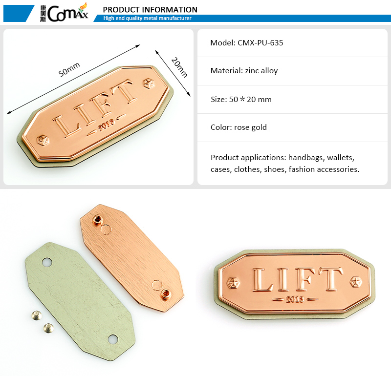 Superior Embossed Logo Metal Plate for Handbags Custom Metal Label Tags in Rose Gold