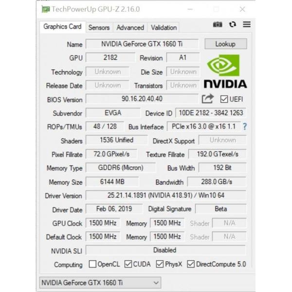 12 Nanometers GPU GTX 1660 Ti SUPER 6GB 192 Bit 1530MHz 2001MHz
