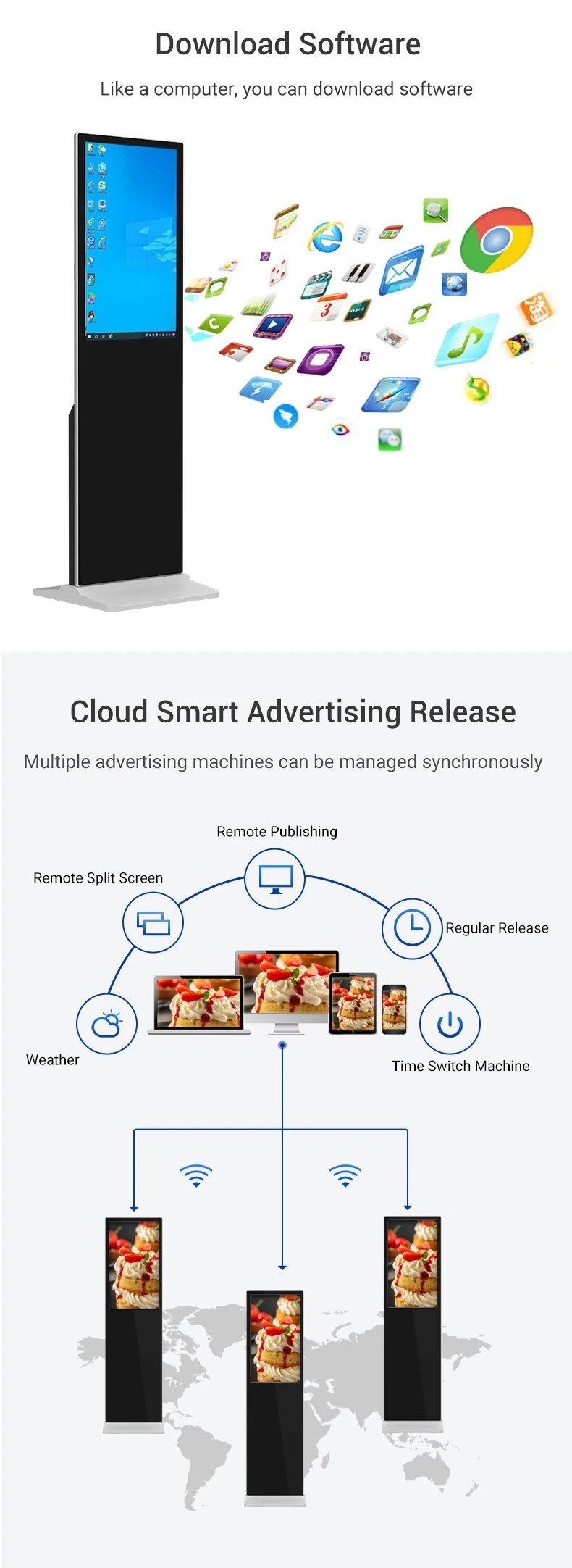 350cd/M2 Floor Standing Android Indoor Digital Display Screens 32/43/50/55/65