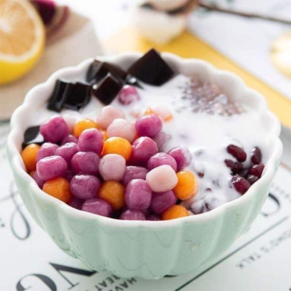 Close-up of colorful taro balls in various fruit flavors
