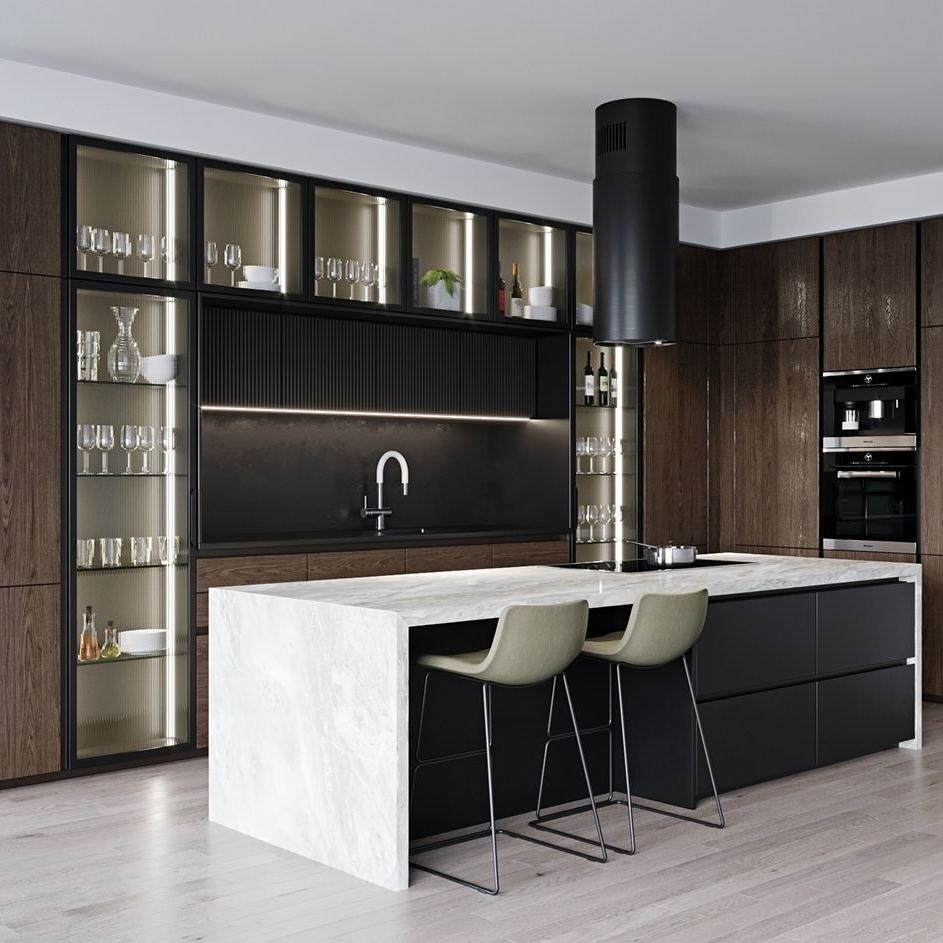 I Shape Lacquer Custom Made Wood Kitchen Cabinet With Island Waterfall Double Sink Design