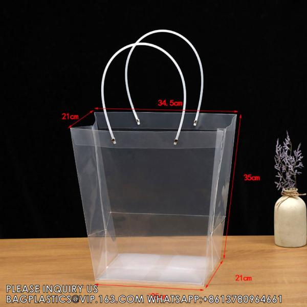 Customized Transparent Trapezoid PP Bag Plastic Clear Flower Packing Bag With Handle Floral Package Bags, Gift Pack