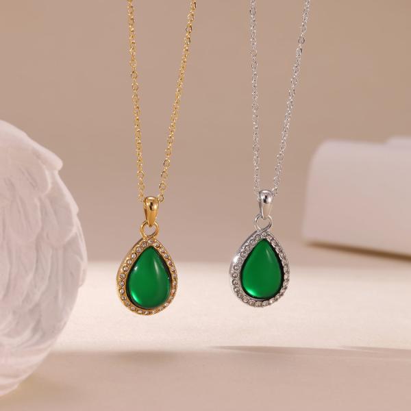 Stainless Steel Jewelry Necklace with Green Teardrop Stone Pendant in Silver and Gold