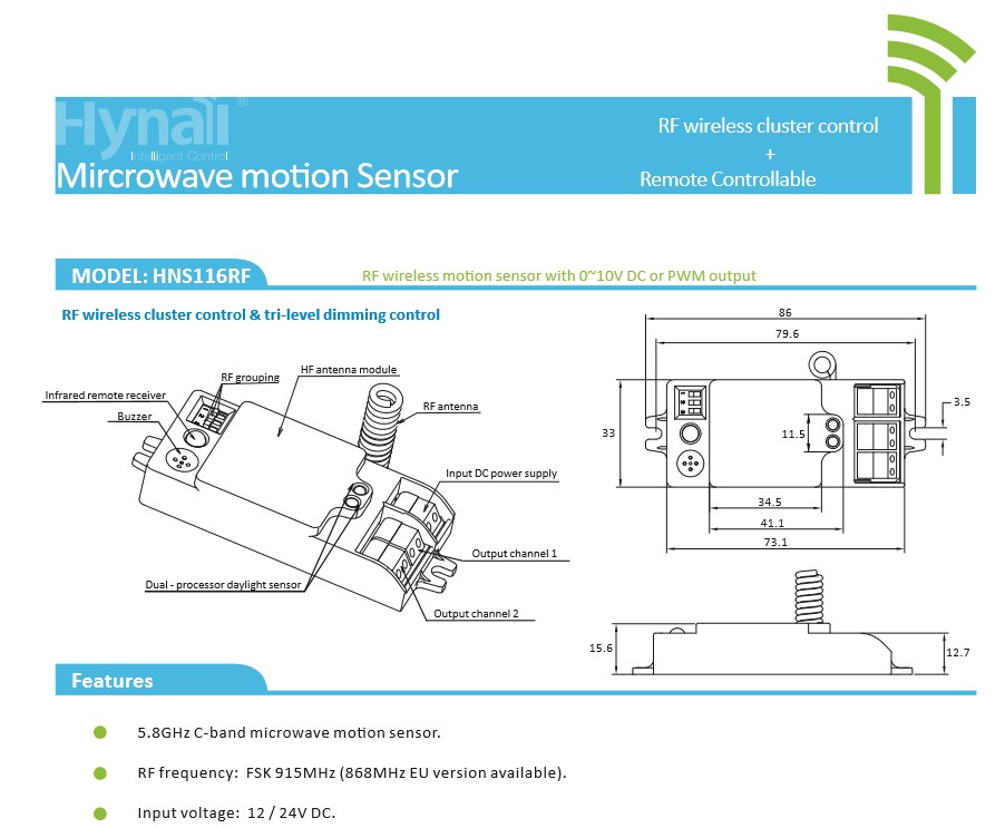 RF Wireless Grouping Microwave Motion Sensor Switch , Remote Control Motion Sensor