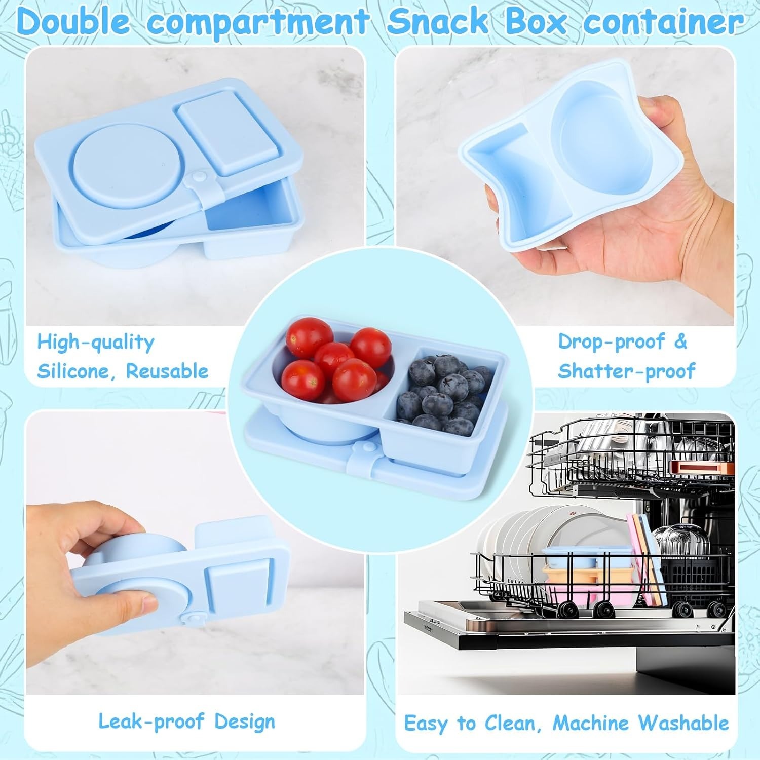Silicone Reusable Snack Containers With Lids, 3 Pack Double/2 Compartment Snackle Box Container For Salad Sauce, Condiment Containers With Lids For