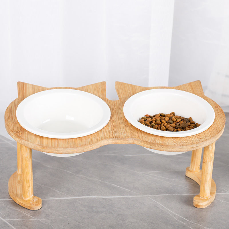 Cat Protection Cervical Vertebra Double Bowl Raised Ceramic Bamboo Wood