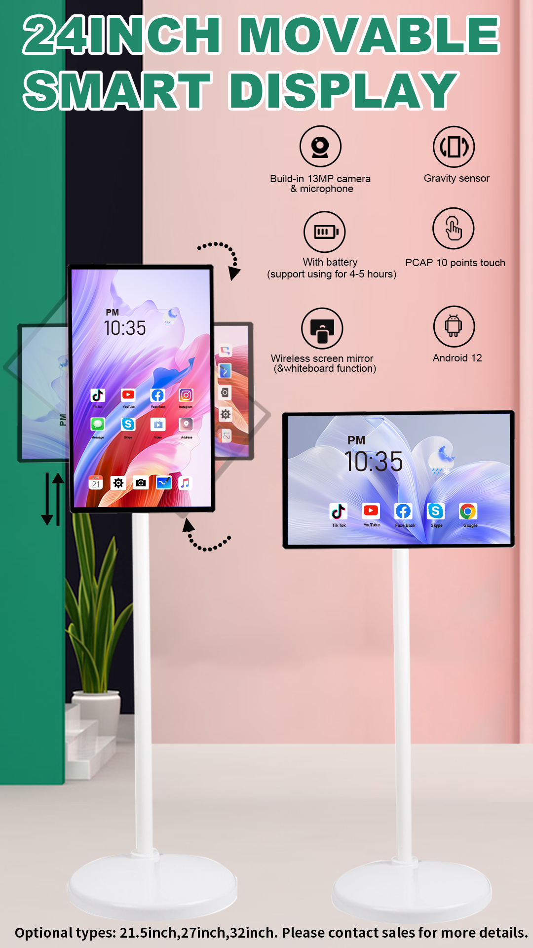 VETO 21.5 24 27 Inch Battery-Power Indoor Smart TV In-Cell Touch Screen 1080p LCD Display Smart Rotating Rolling tv