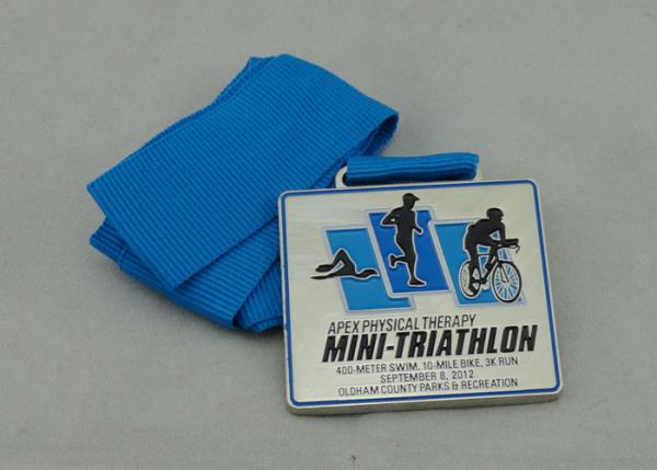 Mini Triathlon Blue Ribbon Medals Die Casting , Nickel Plating