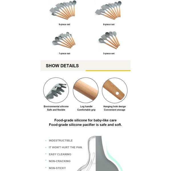 Hygiene Colorful 8 Piece Silicone Stainless Steel Kitchen Utensils For Cooking