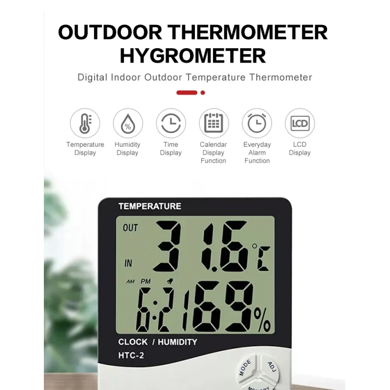 HTC-2 Indoor Outdoor Hygro Thermometer with Temperature Display Memory Calendar Clock