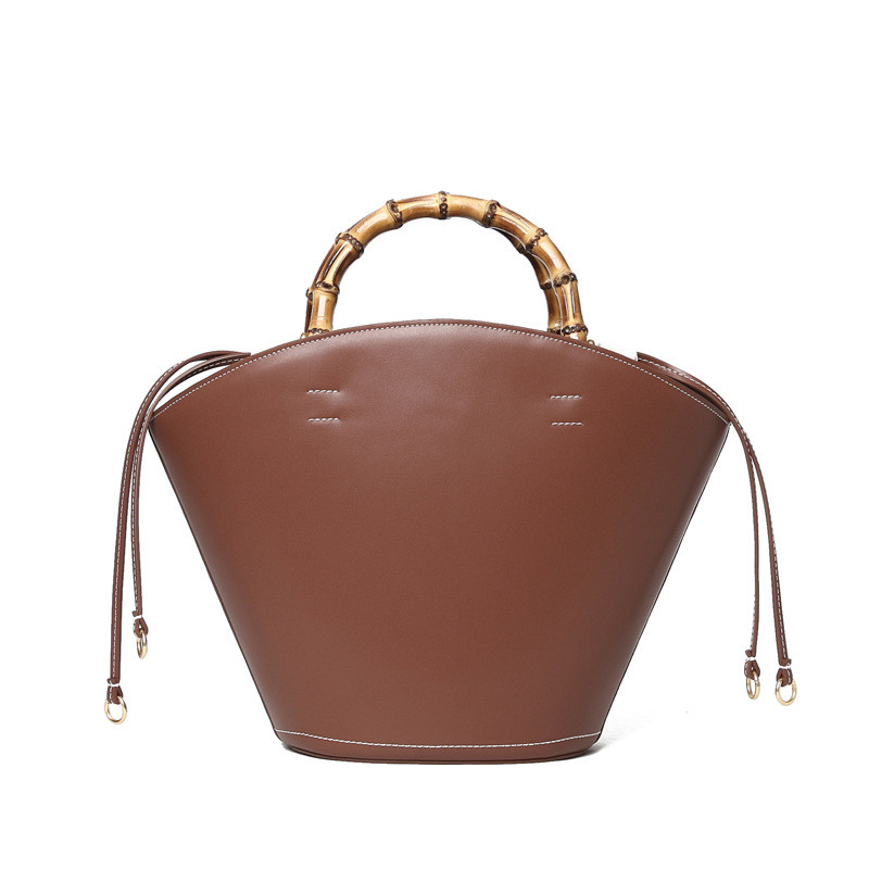 Women Brown Bucket Bags Ladies Genuine Leather Handbags With Wood Handle