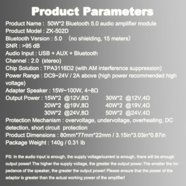 50W*2 BT 5.0 Audio Power Amplifier Board Module 2.0 Dual Channel Stereo Receiver Amplifier