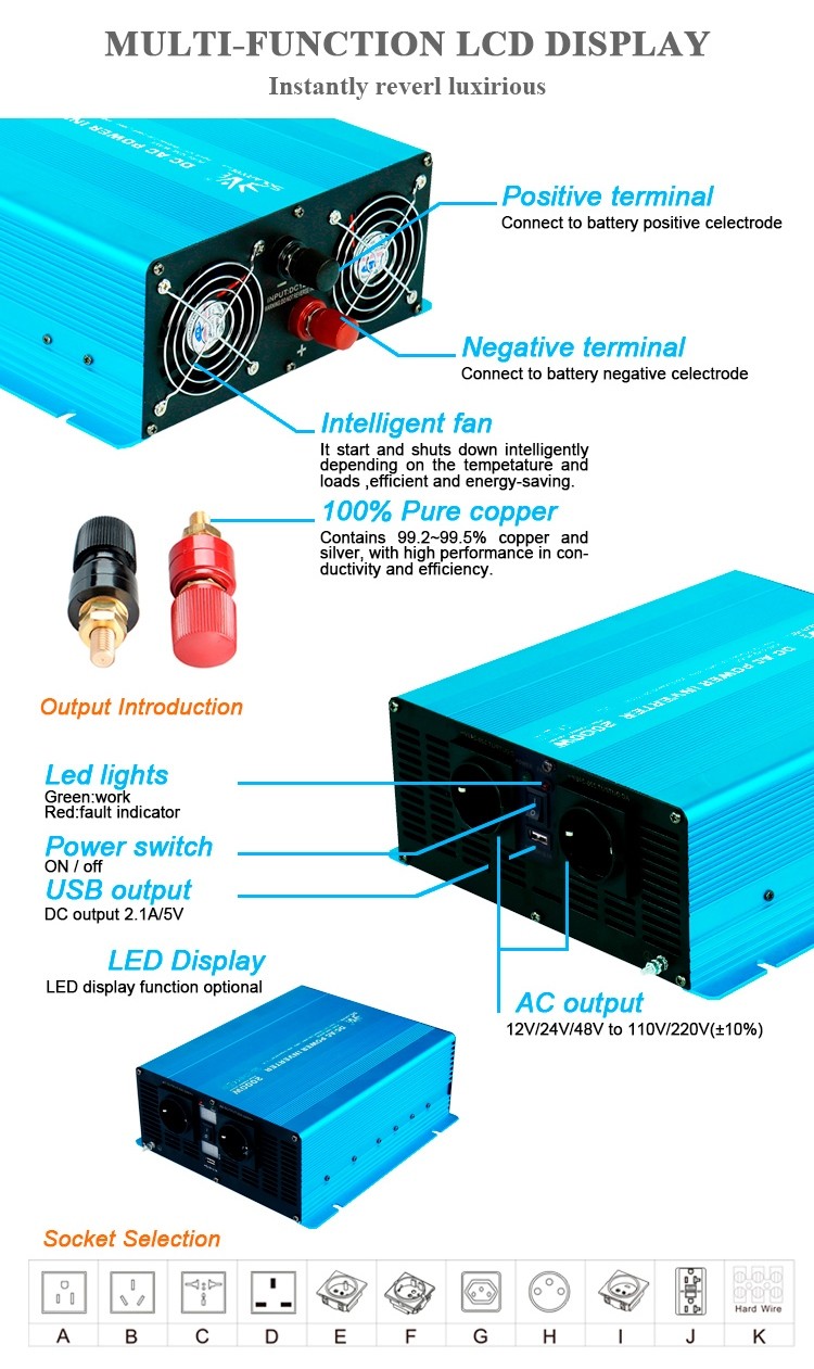 LED Digital Display Portable Pure Sine Wave Inverter Aluminum DC 12V To AC 220V