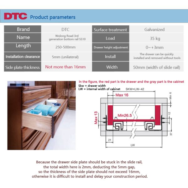 35kg Heavy Duty Full Extension Drawer Slides 77lb 10-22in