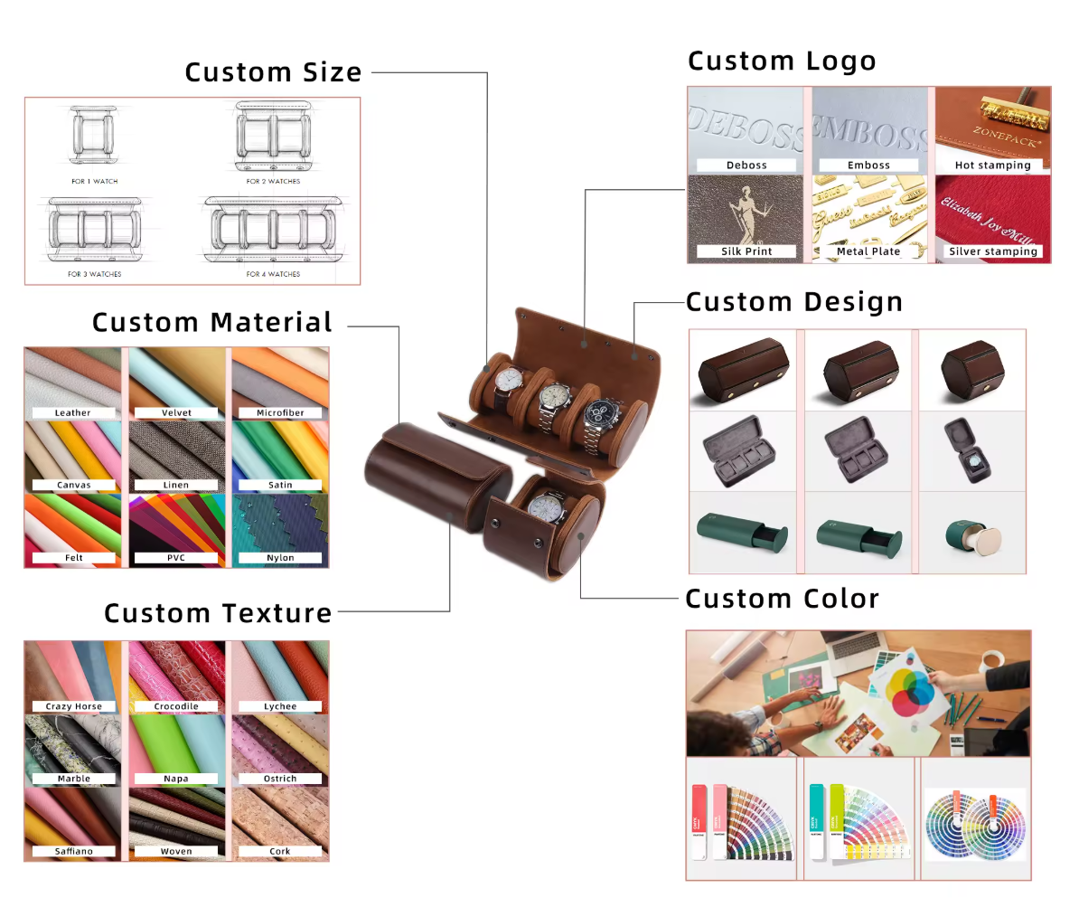 Portable 8 Grids Brown Leather Watch Case Box Customized Color For Men Women