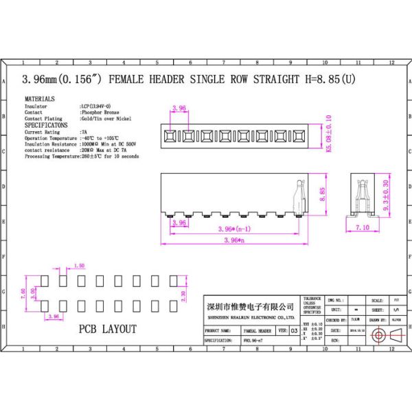 SMT Type Female Pin Header Connector 3.96mm Single Row Through Hole Plastic