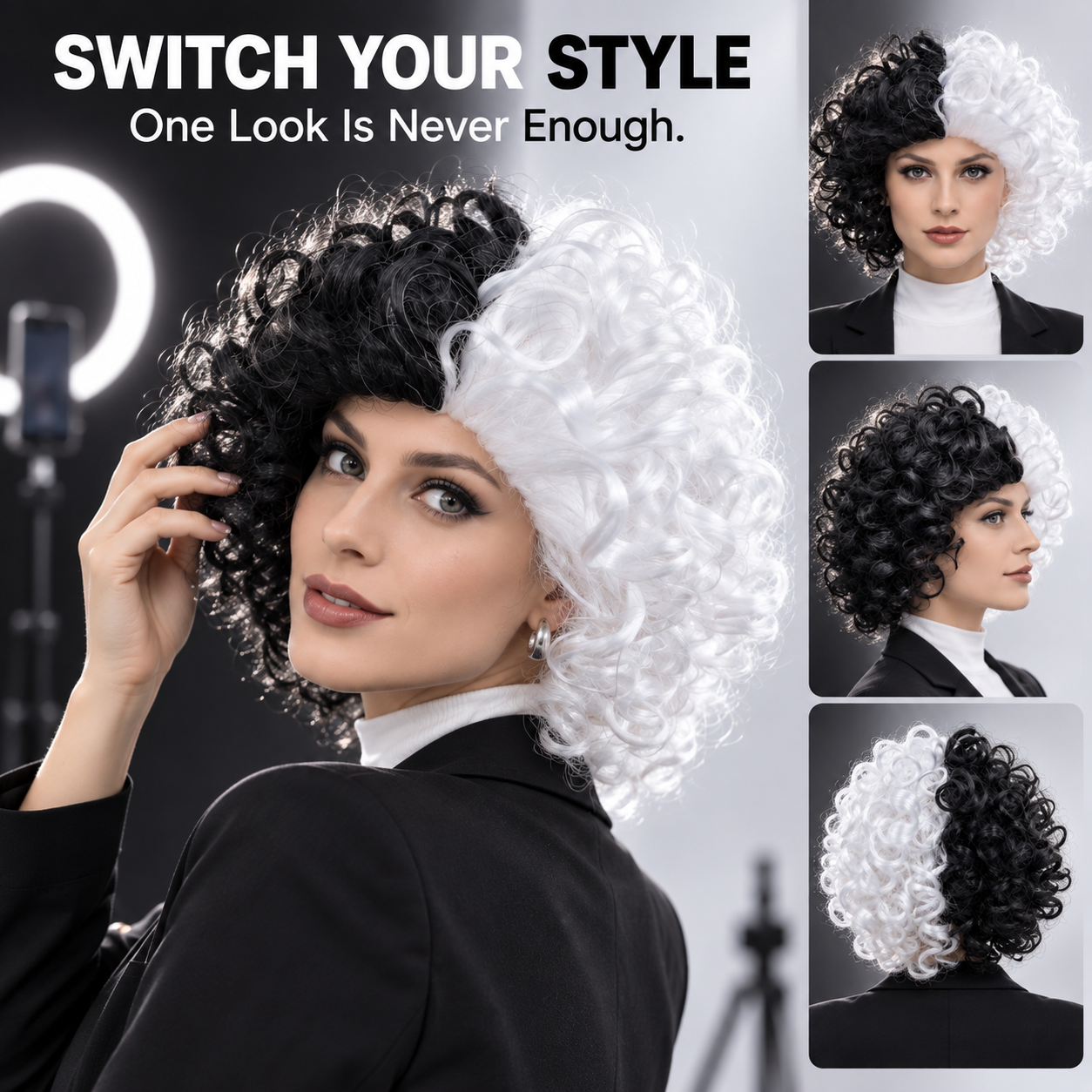 Cruella Black White Split Curly Wig, Half Black Half White Short Fluffy Synthetic Wig, Unisex Cosplay Costume Wig for Halloween Carnival 101