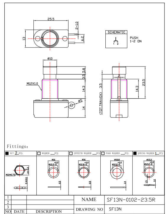 Diameter 13mm Spdt 1p2t Push Button Foot Switch