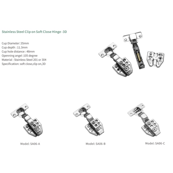 3D Adjustable SUS304 Cabinet Door Hinges Soft Closing Clip On SA06-A