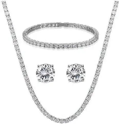 Classic Rhodium Plated CZ Silver Jewelry Set With Lobster Clasp