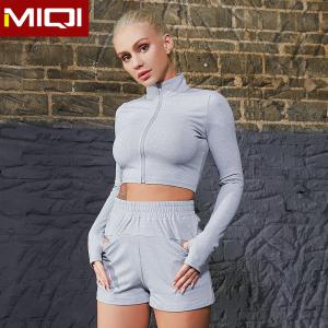 Quality High Waist Workout Fitness Boom Crop Top Long Sleeve Jacket Workout Shorts With Pockets Solid Yoga Set wholesale