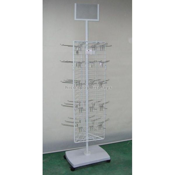 Rotating White Wood Spinner Display Rack / Display Stand With Metal Hooks