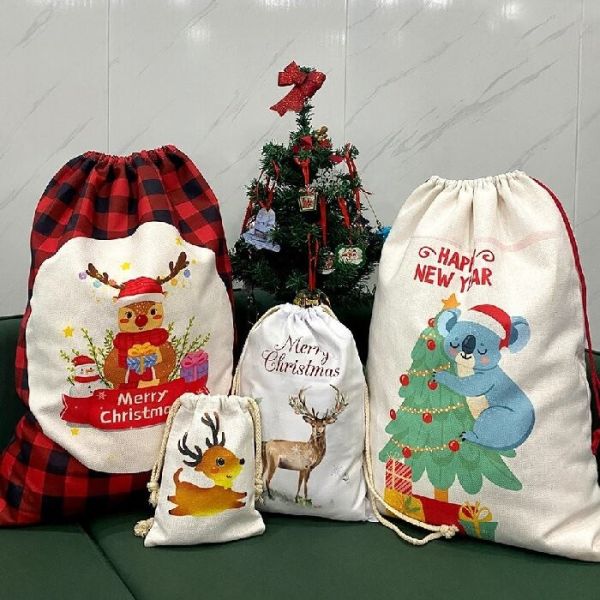 Sublimation Christmas Blanks Santa Sack Drawstring Buffalo Plaid Linen Sublimation Christmas Sacks