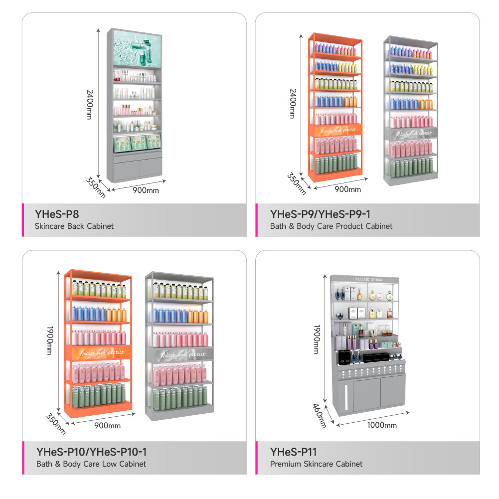 Gray Wooden Display Cabinet Multilayer Store Rack With Light-box For Skincare Store Design