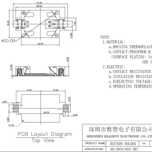 Coin Button Battery Cell Holder CR2032 Sn 100u" BS-6 Phosphor Bronze