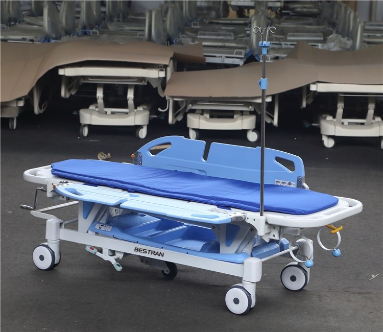 Manual Transport Stretcher Trolley Hand Crank Height Adjustment Flat-Position Side Rails For Hospitals