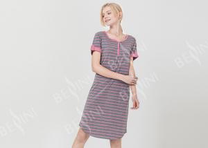 Quality Polyester Cotton Jersey Ladies Night Dresses Sleepwear Short Sleeve Yarn Dyed Striped wholesale