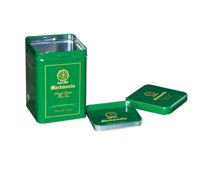 Double - Lid Green Tea Tin Canisters Square Shape And Clear Vanished Inside