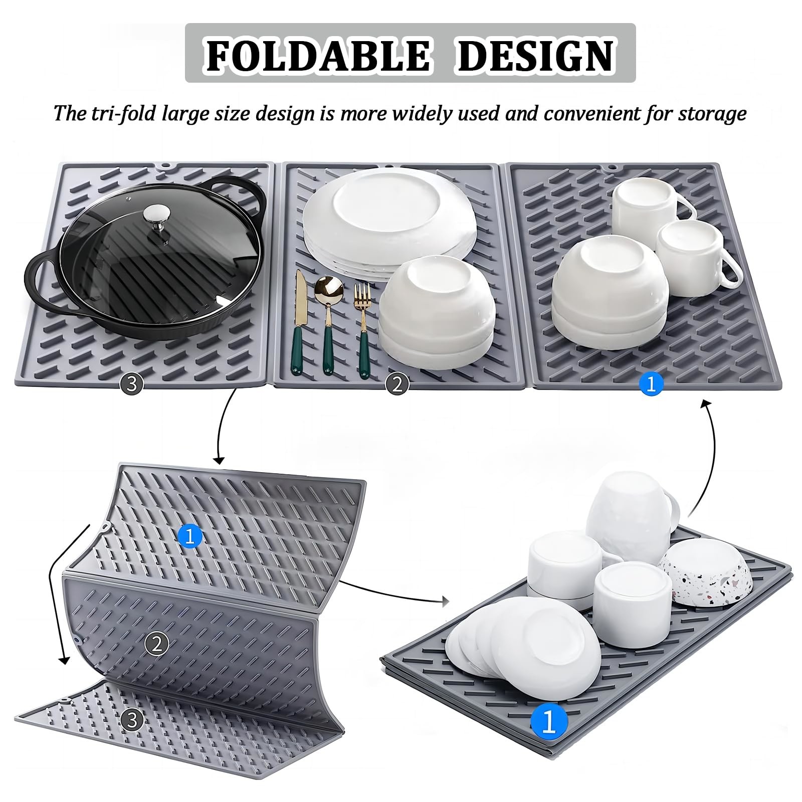 Silicone Collapsible Trifold Dish Drying Mat For Kitchen Counter Extra Large Dish Drainer Mat Compact &Foldable Design
