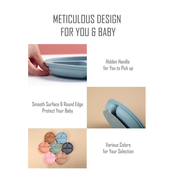 Children Non Slip Safety Rubber Silicone Divided Plate With Suction
