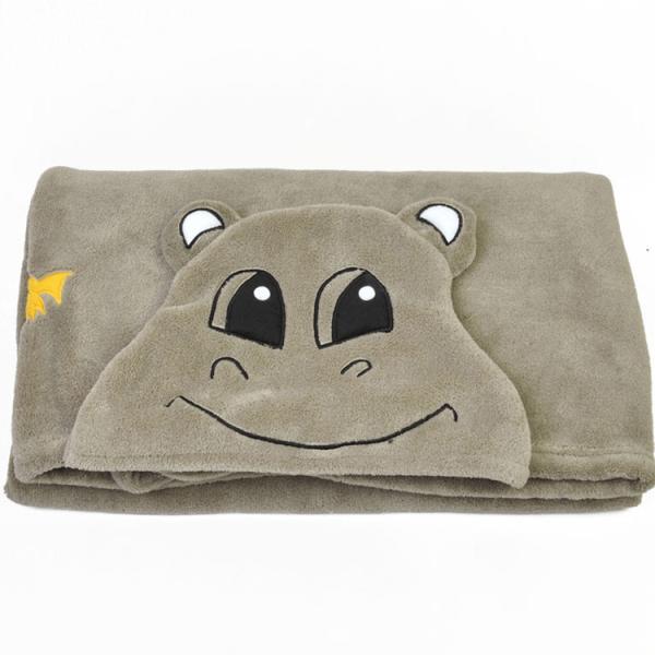 Grey Flannel Hoodie Blanket Microfiber Hippo Cartoon Throw Blanket