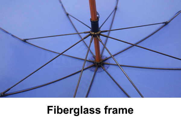 Close-up view of wooden umbrella handle and blue canopy