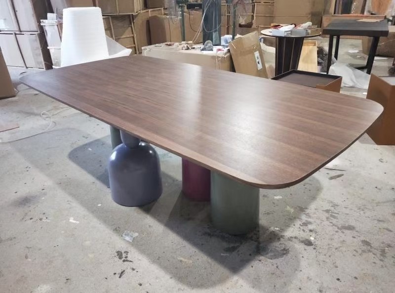 Customized Walnut Color Metal Base Dining Table Rectangular Shape