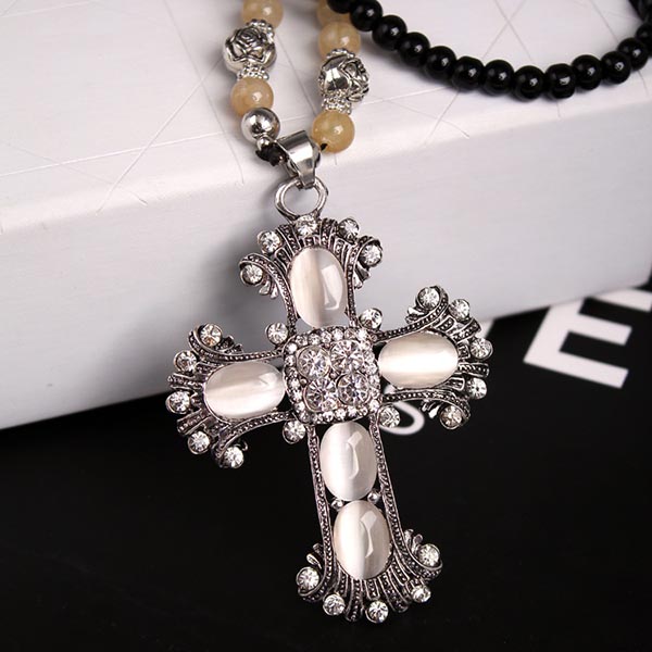 Factory jewelry Direct Sale popular new black bead opal cross necklace with long chain